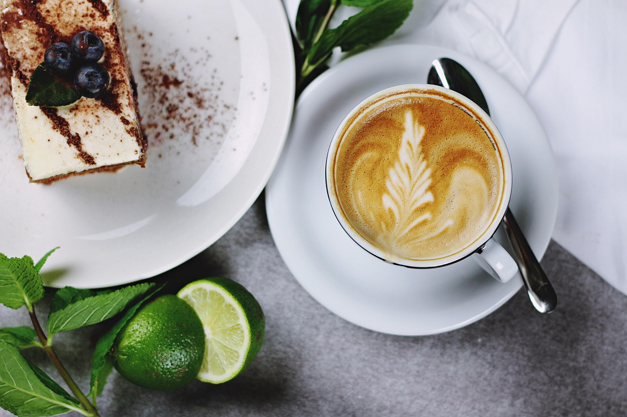 drink, coffee, coffee cup, cafe, cake, cappuccino, ceramic, cup, dessert, food, mug, plate